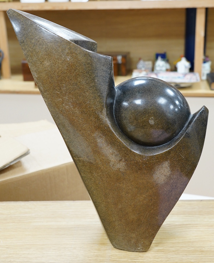 Brighton Sango (1958-1995), an abstract soapstone sculpture, 44cm. Condition - fair to good